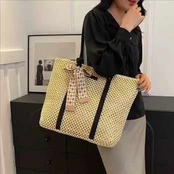 Новинка 2024 года, полая тканая сумка большой вместимости Senmeng, тканая сумка-тоут на одно плечо, женская сумка для отдыха, пляжная сумка для отпуска With pendant(Random)