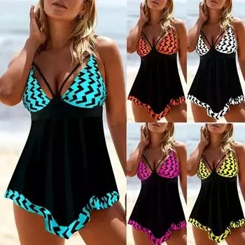 Новинка 2024 года, раздельный купальник больших размеров, новая юбка на подтяжках, стильная бретелька с лямкой на груди, трусы с цифровым принтом, купальник S синий