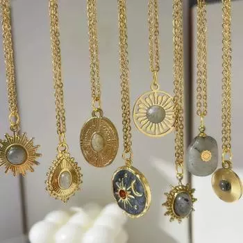 Новинка 2024 года, серая эмаль, круглая звезда, солнце, подвеска, подвески из натуральных камней, ожерелье из нержавеющей стали, цепочка на ключицу, ювелирные изделия