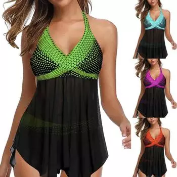 Новинка 2024 года, сексуальные купальники, летние женские комплекты танкини, полосатый принт, открытая спина, лямка на шее, купальник из двух предметов, пляжная одежда, комплекты купальников M синий