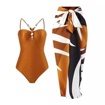 Новинка 2024 года, сексуальный цельный купальник с эффектом пуш-ап, женский купальник-бикини в стиле ретро с принтом, Монокини, бразильский купальный костюм, платье S коричневый