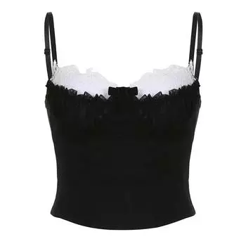 Новинка 2024 года, шикарный модный топ на бретельках с кружевом и заплатками, с оборкой Y2K, топ на бретельках с оборками и бантом, летний укороченный топ-бюстье контрастного цвета S чёрный