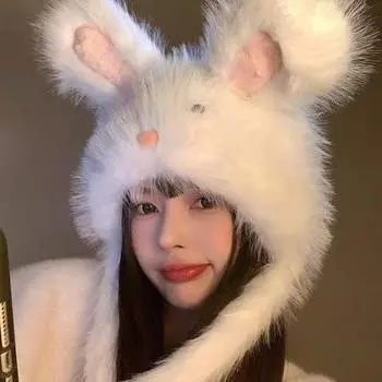 Новинка 2024 года, симпатичные кроличьи ушки, плюшевая теплая защитная шапка Lei Feng, детская зимняя, морозостойкая и флисовая шапка-мешок M (56-58cm) plush rabbit ear Lei Feng hat белый