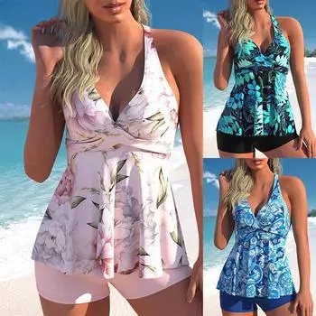 Новинка 2024 года, стильная юбка с принтом, брюки с плоскими углами, большой купальник-бикини с разрезом, оптовая продажа для женщин, купальники больших размеров S розовый