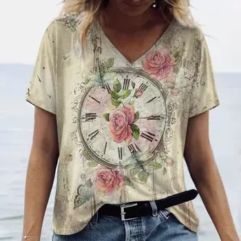 Новинка 2024 года, стильная женская футболка, летняя футболка с v-образным вырезом и цветочным принтом для женской одежды, модный дизайн, футболка с короткими рукавами y2k M