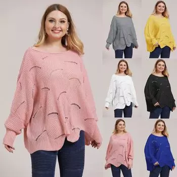 Новинка 2024 года, свитера больших размеров, женская весенняя одежда, джемперы большого размера с рукавами «летучая мышь», женские свободные пуловеры с ажурной вышивкой, женские топы-кардиганы L белый