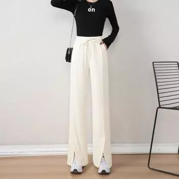 Новинка 2024 года, свободные и тонкие повседневные прямые брюки с высокой талией, весенне-летние широкие брюки с открытым вырезом для женщин S чёрный