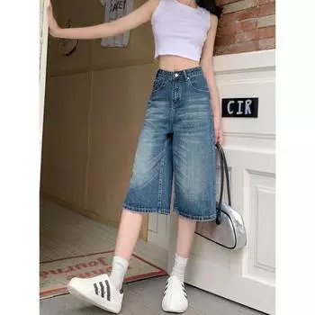 Новинка 2024 года, утягивающие прямые брюки с высокой талией, потертые потертые джинсы в стиле ретро, женские летние универсальные свободные укороченные брюки L синий