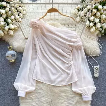 Новинка 2024 года, весенняя элегантная тонкая офисная блузка, женские сексуальные топы с косым воротником и открытыми плечами, женские французские однотонные модные дизайнерские шифоновые топы S абрикосовый