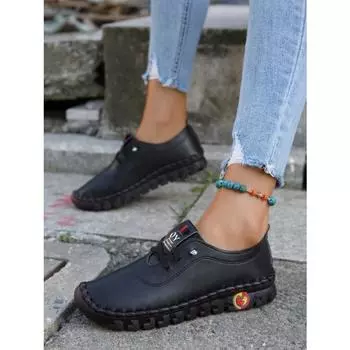 Новинка 2024 года, весенняя повседневная женская обувь, лоферы на платформе, кожаные туфли на плоской подошве со шнуровкой, обувь без шнуровки для мам, Mujer Zapatos Chaussure Femme 40 чёрный