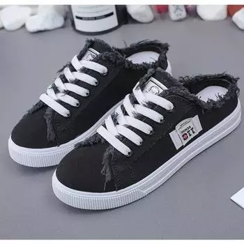 Новинка 2024 года, весна-лето, женская парусиновая обувь, кроссовки на плоской подошве, женская повседневная обувь с низким верхом, на шнуровке, белые туфли 35 чёрный