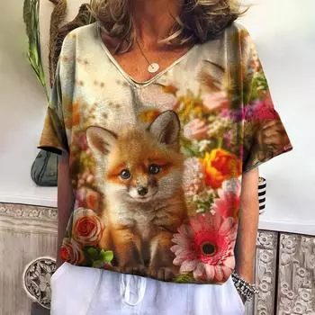 Новинка 2024 года, винтажная женская футболка с мультяшным принтом лисы, большие размеры, женская трендовая одежда, модная рубашка с коротким рукавом, женская блузка с v-образным вырезом L