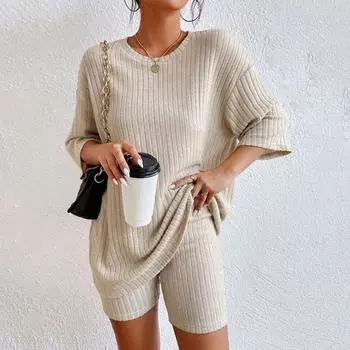 Новинка 2024 года, вязаные костюмы, летние, с круглым вырезом, высокая эластичность, вязаная футболка с короткими рукавами, женские повседневные короткие штаны, женские комплекты для ПК S бежевый