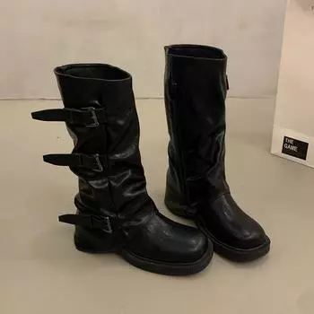 Новинка 2024 года, высококачественные новые модные женские сапоги до колена, однотонные осенне-зимние сапоги на плоской подошве с женской обувью Botines De Mujer 35 чёрный