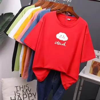 Новинка 2024 года, женская футболка, летние топы, повседневная футболка с коротким рукавом и облачным принтом, с круглым вырезом, Y2k, одежда, топы, футболки M чёрный