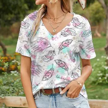 Новинка 2024 года, женская футболка, летняя футболка с короткими рукавами и рисунком перьев, модные повседневные женские топы с v-образным вырезом S