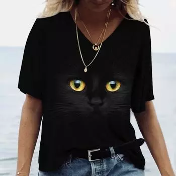 Новинка 2024 года, женская футболка с 3D принтом кота, v-образным вырезом, короткими рукавами, женская футболка для отдыха, топ с животными для девочек, футболка, женская одежда L