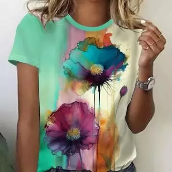 Новинка 2024 года, женская футболка с цветочным принтом, топ больших размеров, женская трендовая одежда, модная рубашка с коротким рукавом, летняя блузка с круглым вырезом XXL