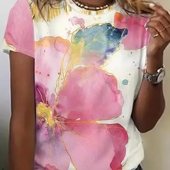 Новинка 2024 года, женская футболка с цветочным принтом, топ больших размеров, женская трендовая одежда, модная рубашка с коротким рукавом, летняя блузка с круглым вырезом S