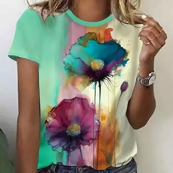 Новинка 2024 года, женская футболка с цветочным принтом, топ больших размеров, женская трендовая одежда, модная рубашка с коротким рукавом, летняя блузка с круглым вырезом S