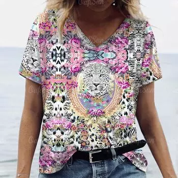 Новинка 2024 года, женская футболка с леопардовым принтом, женская трендовая одежда больших размеров, модная рубашка с коротким рукавом, женский топ с v-образным вырезом и животным L