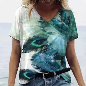 Новинка 2024 года, женская футболка с принтом павлиньих перьев, топ больших размеров, летняя женская трендовая одежда, модная рубашка с короткими рукавами, футболки с v-образным вырезом XL