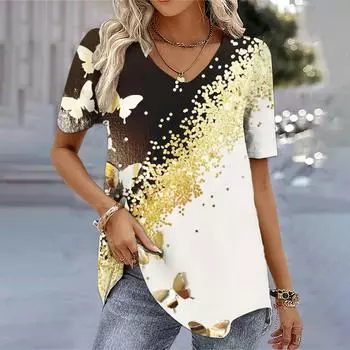 Новинка 2024 года, женская футболка с принтом бабочки, верхняя одежда больших размеров, женская трендовая одежда, модная рубашка с коротким рукавом, большой размер с v-образным вырезом S