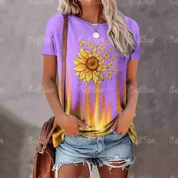 Новинка 2024 года, женская футболка с принтом подсолнечника, топ больших размеров, женская трендовая одежда, модная рубашка с коротким рукавом, летняя блузка с круглым вырезом S