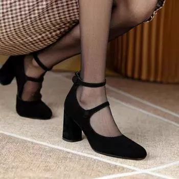 Новинка 2024 года, женская обувь Мэри Джейн, кожаная обувь высокого качества для женщин, женские туфли сандалии с квадратным носком и ремешком с пряжкой 36 чёрный