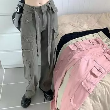 Новинка 2024 года, женская повседневная модная уличная одежда с несколькими карманами, женские длинные брюки, повседневные прямые брюки S зелёный