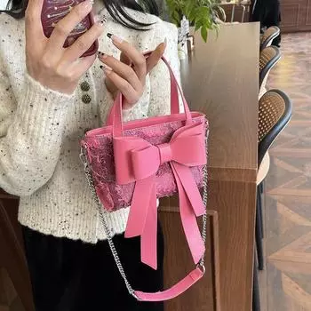 Новинка 2024 года, женская сумка-ведро с бантом, высококачественная сумка через плечо на одно плечо, универсальная ручная сумка-ведро с цепочкой