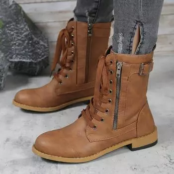 Новинка 2024 года, женские ботинки в стиле вестерн больших размеров в стиле панк, мотоциклетные ботинки со шнуровкой и пряжкой, ботинки до середины икры на молнии, женские короткие ботинки 36 чёрный