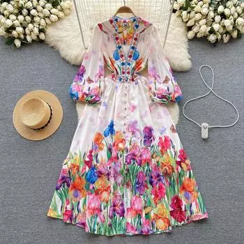 Новинка 2024 года, женские длинные макси-платья с v-образным вырезом и принтом, однобортное пляжное платье длиной до щиколотки в стиле бохо, морское платье S абрикосовый