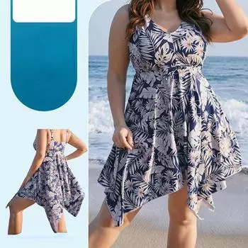 Новинка 2024 года, женские купальники с цветочным принтом, купальник больших размеров, женский эластичный купальник с открытой спиной, сексуальное мини-пляжное платье, цельный купальник с высокой талией L синий
