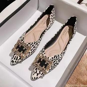 Новинка 2024 года, женские леопардовые туфли на плоской подошве, кожаные повседневные туфли со стразами на квадратной подошве, лоферы без шнуровки с острым носком, размеры 35–43 35 бежевый
