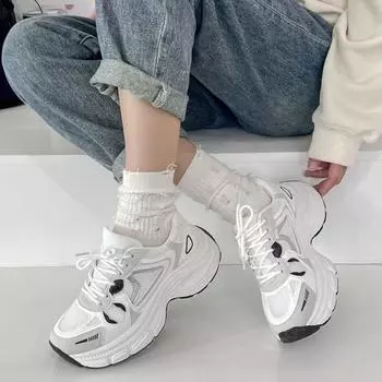 Новинка 2024 года, женские модные кроссовки, женская обувь на платформе со шнуровкой, сетчатая дышащая толстая подошва, цветная женская повседневная обувь в стиле пэчворк 40 белый