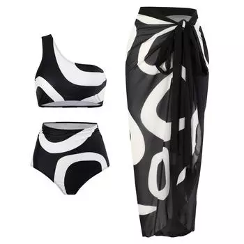 Новинка 2024 года, женский комплект бикини из 2 предметов, бикини с принтом пуш-ап на бретельках, бандажный купальник, бразильский купальный костюм с накидками S чёрный