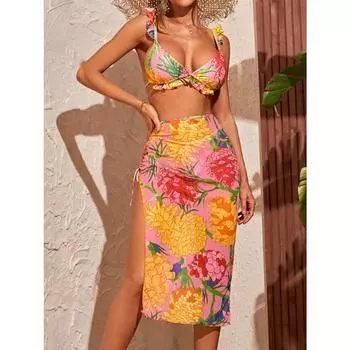 Новинка 2024 года, женский купальник с разрезом и принтом, женская юбка, сексуальный комплект бикини с разрезом, комплект из трех предметов S