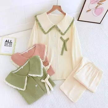 2025 Новый женский пижамный костюм 100% хлопок креп милый милый длинные рукава брюки из двух частей домашняя одежда тонкая пижама для женщин M оранжевый