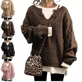 Новинка 2024 года, женский вязаный пуловер и свитер, женский повседневный свободный свитер с v-образным вырезом и длинными рукавами, пуловер S чёрный