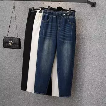 Новинка 2024 года, зимние длинные брюки больших размеров, женские джинсы, джинсовые шаровары, свободные повседневные брюки из хлопка S синий