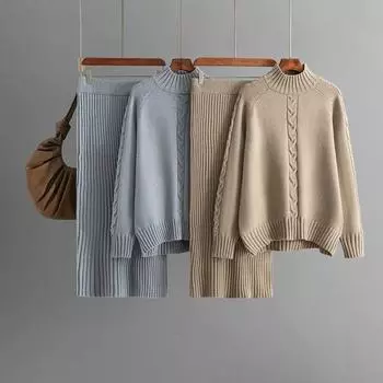 Новинка 2024 года, зимний свитер для женщин, свободная трикотажная водолазка с длинным рукавом, юбка-карандаш миди, модные женские комплекты из двух частей One Size чёрный