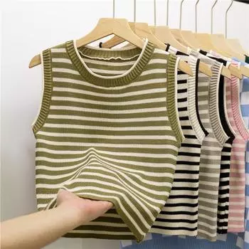 Новинка 2025 года, базовые жилеты с полосатым плетением и цепочкой, женские майки и топы, летние укороченные топы Wild Crop Short One Size абрикосовый