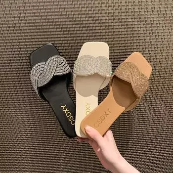 Новинка 2025 года, летняя женская обувь на плоской подошве со стразами, женские модные сандалии со стразами, высококачественные пляжные шлепанцы для отдыха на открытом воздухе 35 чёрный