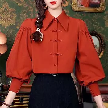 Новинка 2025 года, модная осенняя блузка с длинным рукавом и отложным воротником для офиса, красная блузка, рубашка для женщин, топы, блузки, рубашки J446 S красный