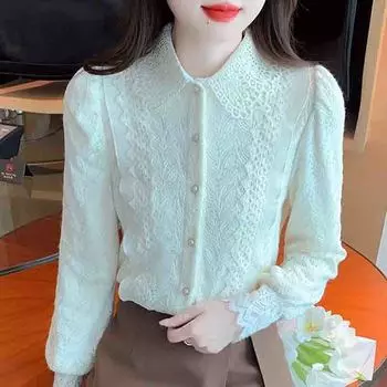 Новинка 2025 года, модная зимняя блузка с длинным рукавом и отложным воротником, абрикосовая бархатная кружевная блузка, женская рубашка, топы, блузки, рубашки J782 S абрикосовый