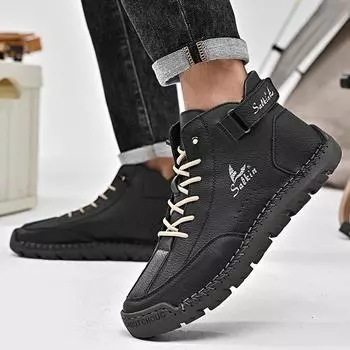 Новинка 2025 года, мужские кожаные ботинки ручной работы, дышащая повседневная кожаная обувь, дизайнерские кроссовки, мужские ботильоны, дышащие уличные лодки 38 чёрный