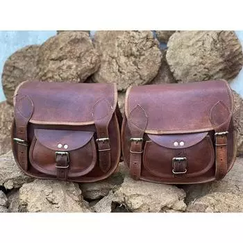 Новинка: 2 больших мотоциклетных сумки, 1 пара седельных сумок из козьей кожи, кофры, 2 коричневые сумки. 9 x 11 x 4 in коричневый