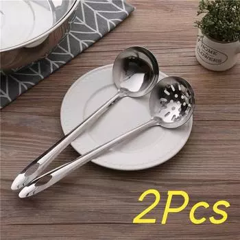 Новинка, 2 шт., 7 см, ложка из нержавеющей стали + дуршлаг, горячая кастрюля, ложки с длинной ручкой, столовые приборы, инструменты для питья супа, кухонный гаджет