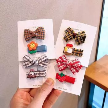 Новинка, 2 шт., заколки для волос с милым бантом и цветком, кружевные заколки в клетку в клетку для маленьких девочек, детские аксессуары для волос в корейском стиле